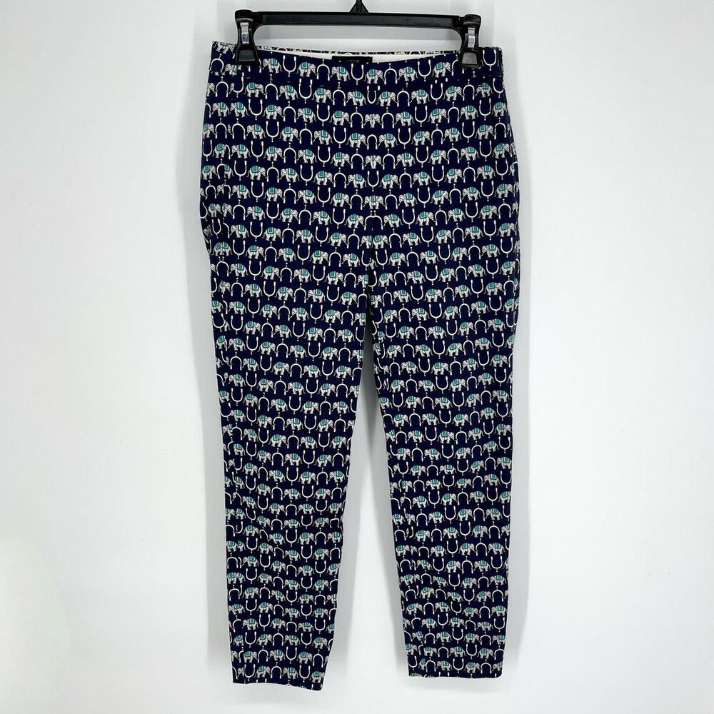 J. Crew Women's Martie Pants Mini Elephants Print Size 0 Navy Aqua Gray White
